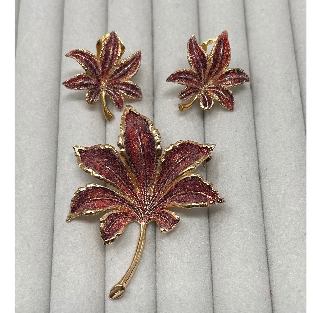 Vintage Germany Red Enamel Maple Leaf Brooch and Clip On Earring Set Gold Tone